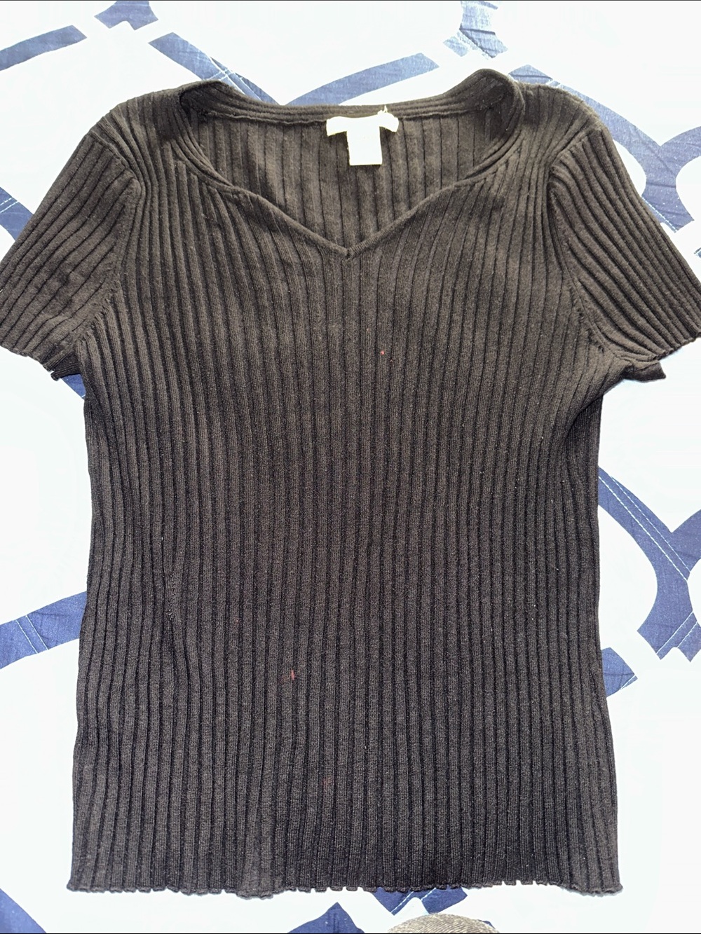 Notations Black Ribbed Short Sleeve V-Neck Top